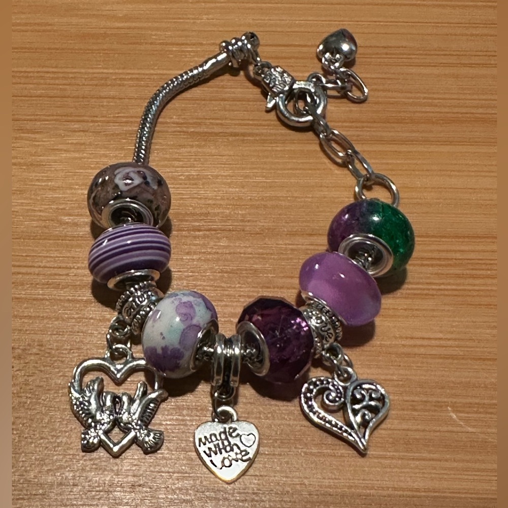 European Style Charm Bracelet Purple  6 inch to 7.5 inch Wrist